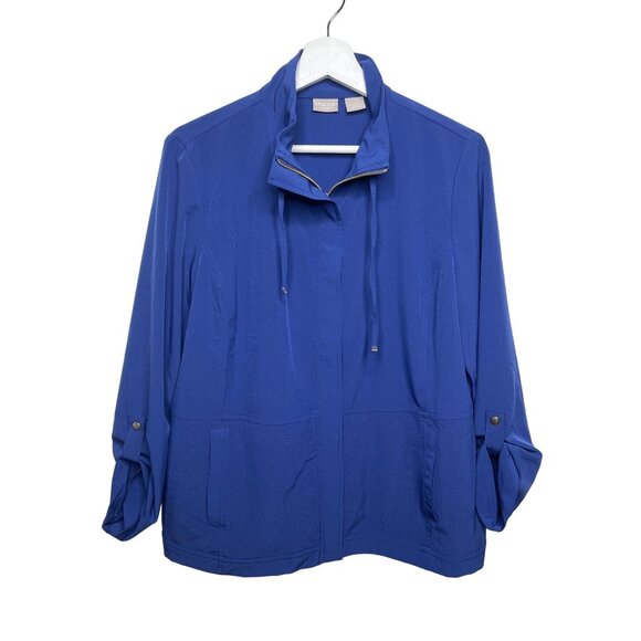 Chico’s Zenergy Blue Zip Jacket Size 1 M Travel Stretch Perforated Roll Tab - Picture 1 of 12